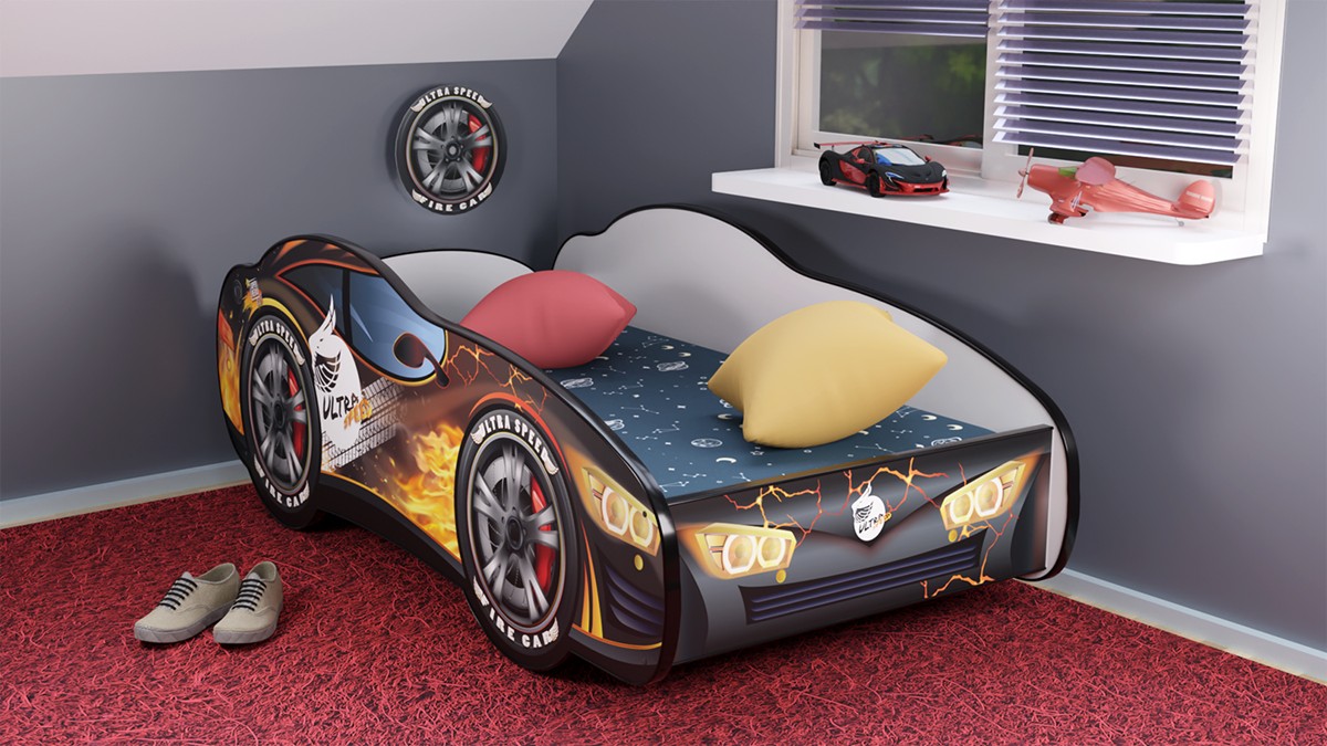 Serija Racing Car-Dog Adventure Yellow-dečiji krevet sa dušekom i letvicama160x80cm